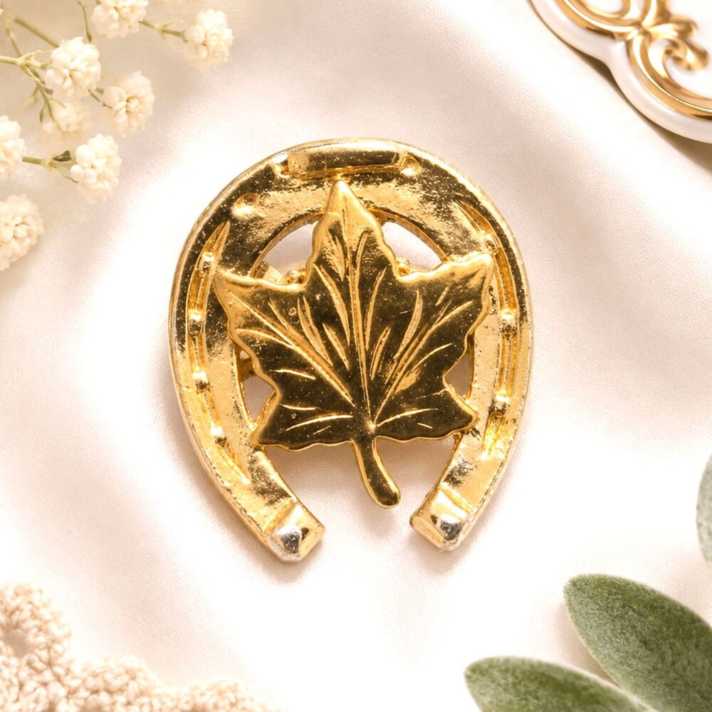 Vintage Gold Tone Lucky Horseshoe Maple Leaf Scatter Pin Brooch